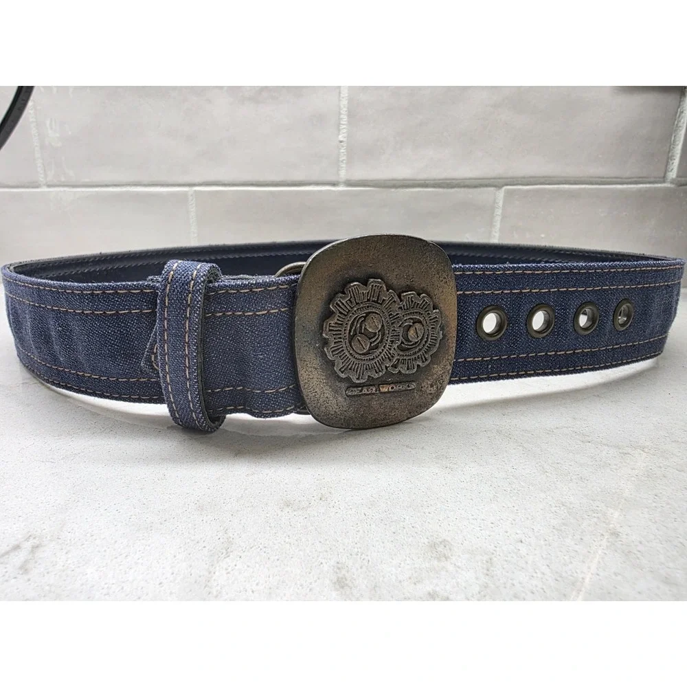Y2K Gear Works Industrial Belt 30 Blue Canvas Leather Grommet Buckle